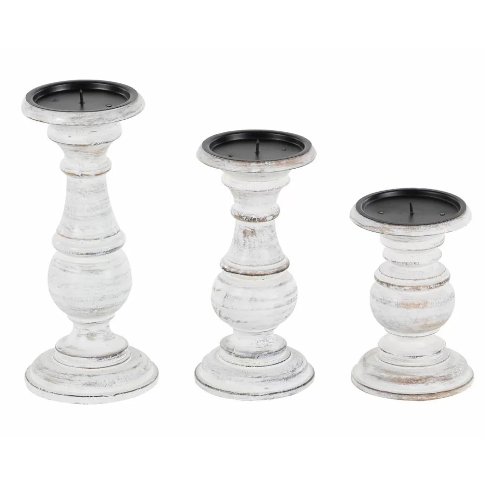 Distressed White Wooden Candle Holders, Farmhouse Style, Set of 3, Mango Wood, Pillar Candle Holders, Rustic Decor