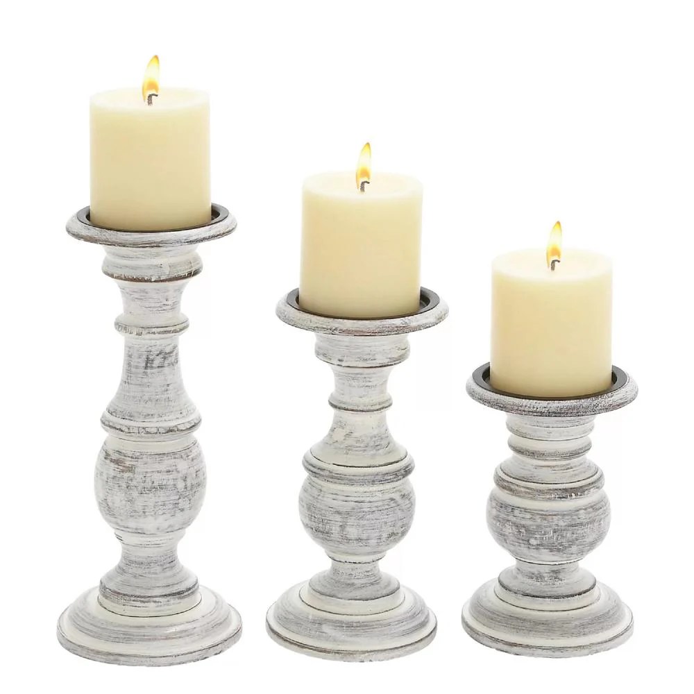 Distressed White Wooden Candle Holders, Farmhouse Style, Set of 3, Mango Wood, Pillar Candle Holders, Rustic Decor