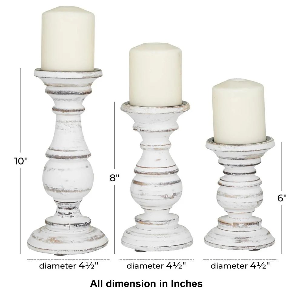 Distressed White Wooden Candle Holders, Farmhouse Style, Set of 3, Mango Wood, Pillar Candle Holders, Rustic Decor