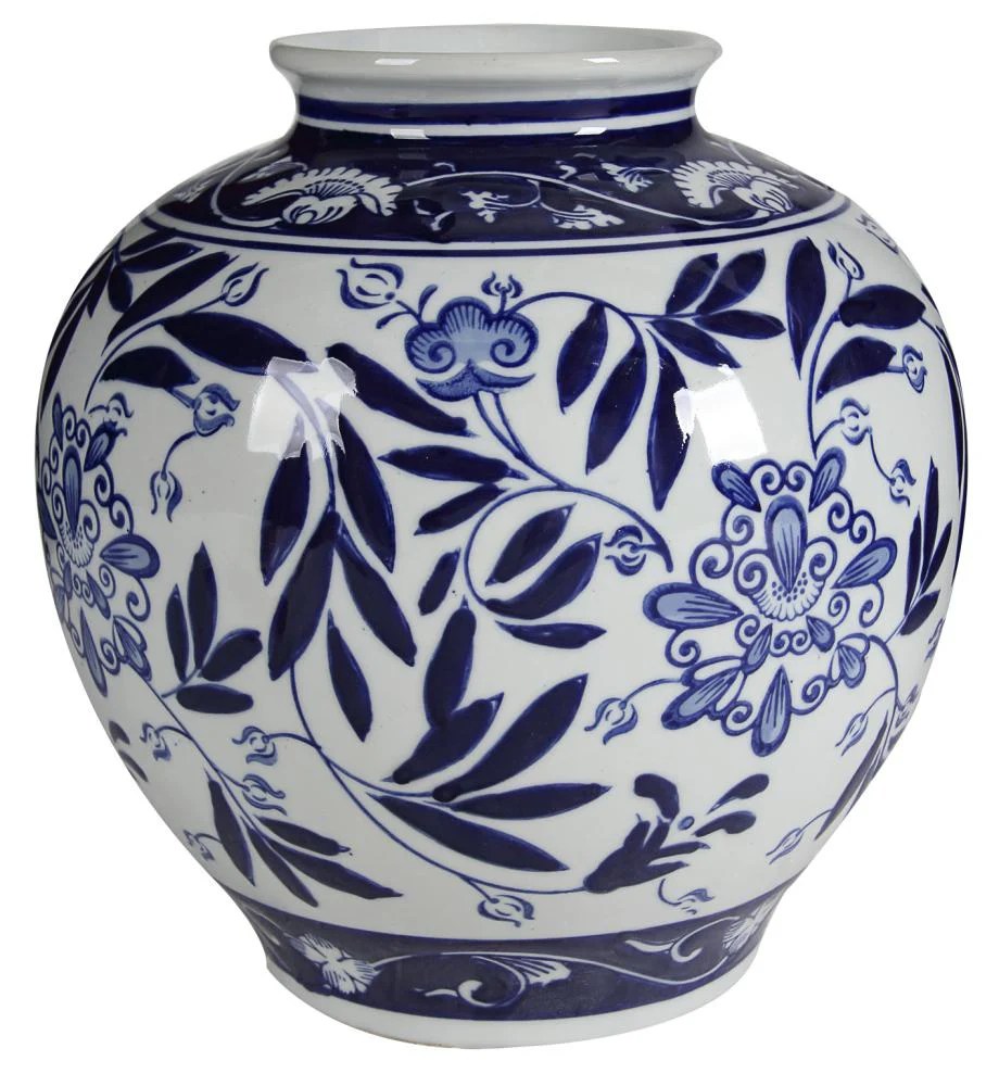 Blue & White Ceramic Floral Vase, 9"H Classic Pot Shaped Decorative Vase for Home Decor, Garden Decor, Indoor Outdoor Use