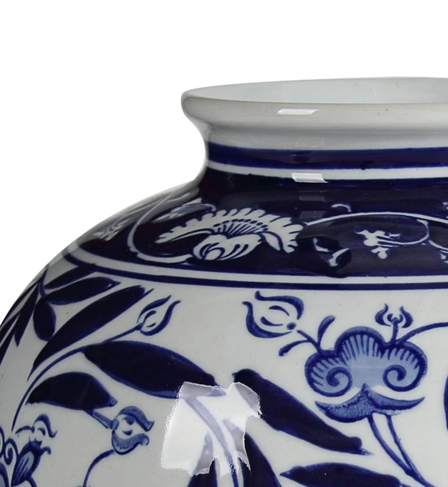 Blue & White Ceramic Floral Vase, 9"H Classic Pot Shaped Decorative Vase for Home Decor, Garden Decor, Indoor Outdoor Use