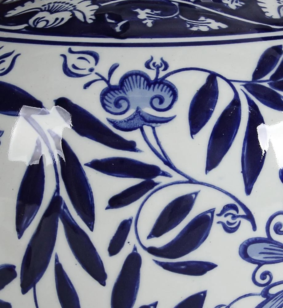 Blue & White Ceramic Floral Vase, 9"H Classic Pot Shaped Decorative Vase for Home Decor, Garden Decor, Indoor Outdoor Use
