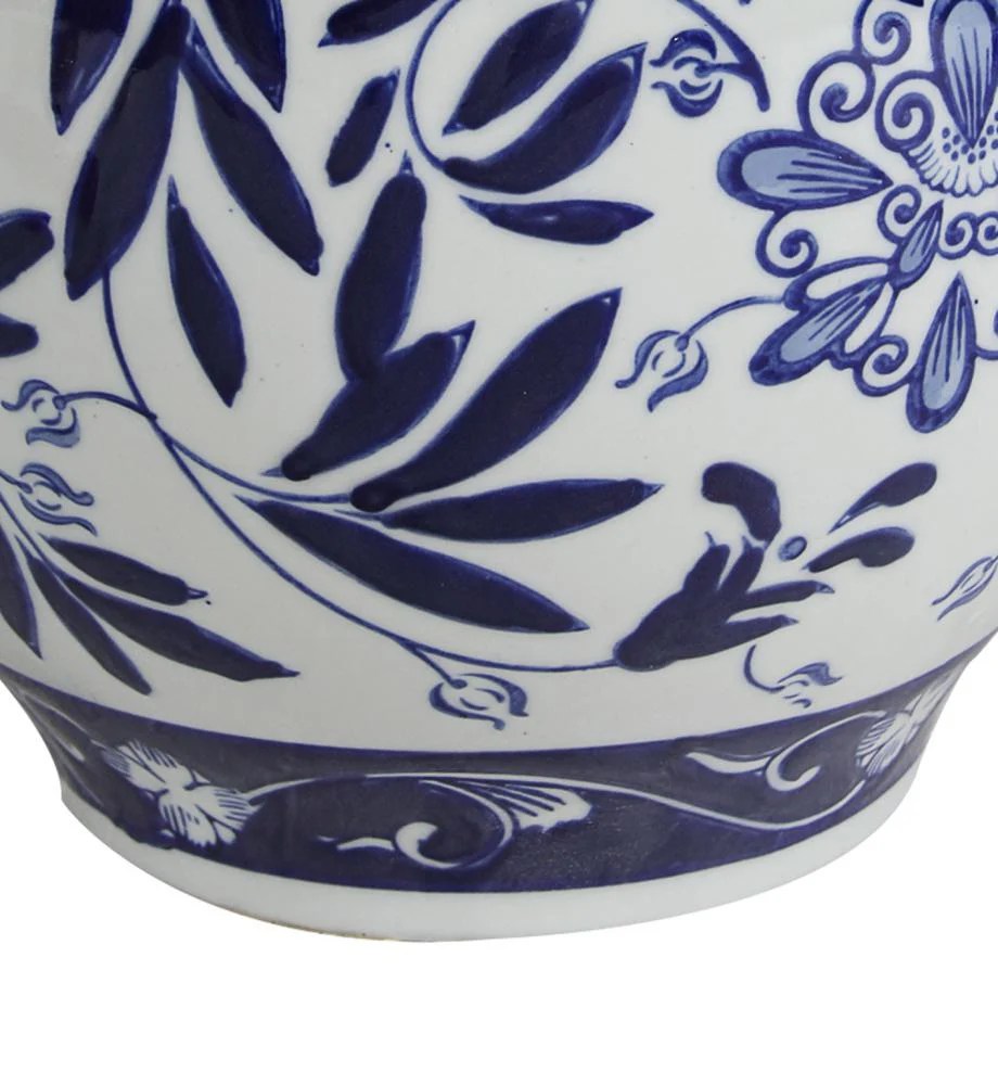 Blue & White Ceramic Floral Vase, 9"H Classic Pot Shaped Decorative Vase for Home Decor, Garden Decor, Indoor Outdoor Use