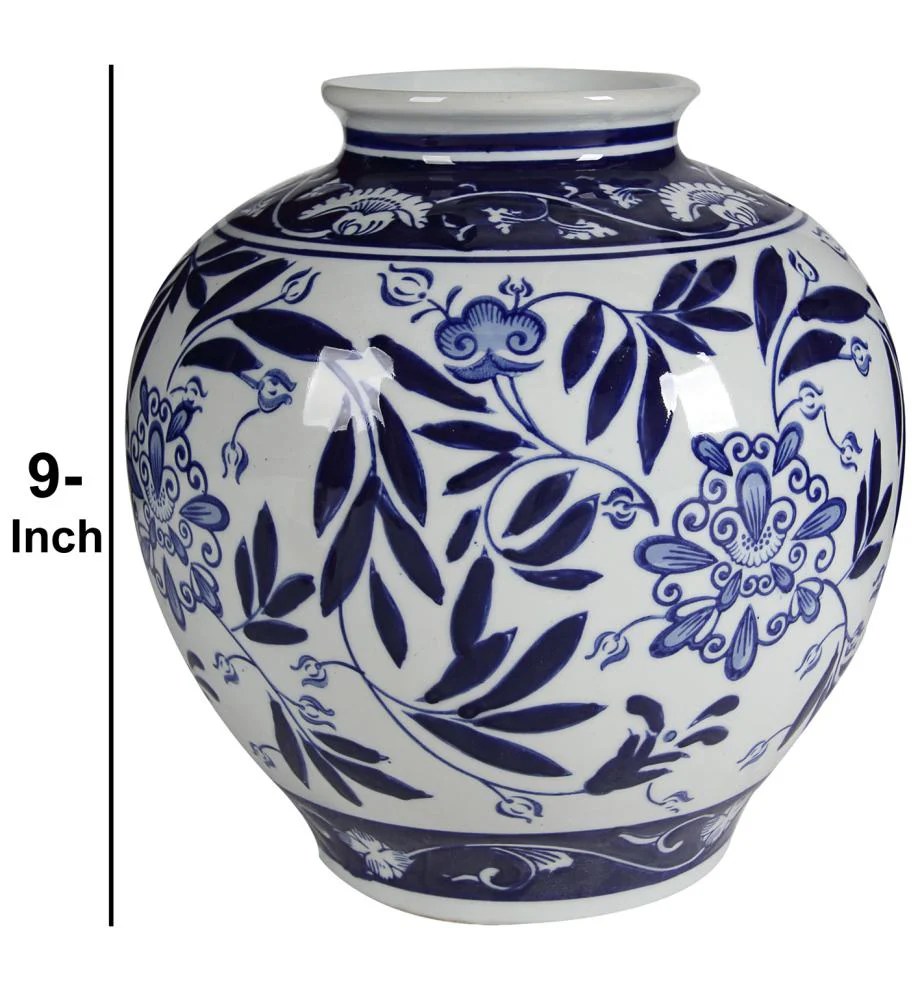 Blue & White Ceramic Floral Vase, 9"H Classic Pot Shaped Decorative Vase for Home Decor, Garden Decor, Indoor Outdoor Use