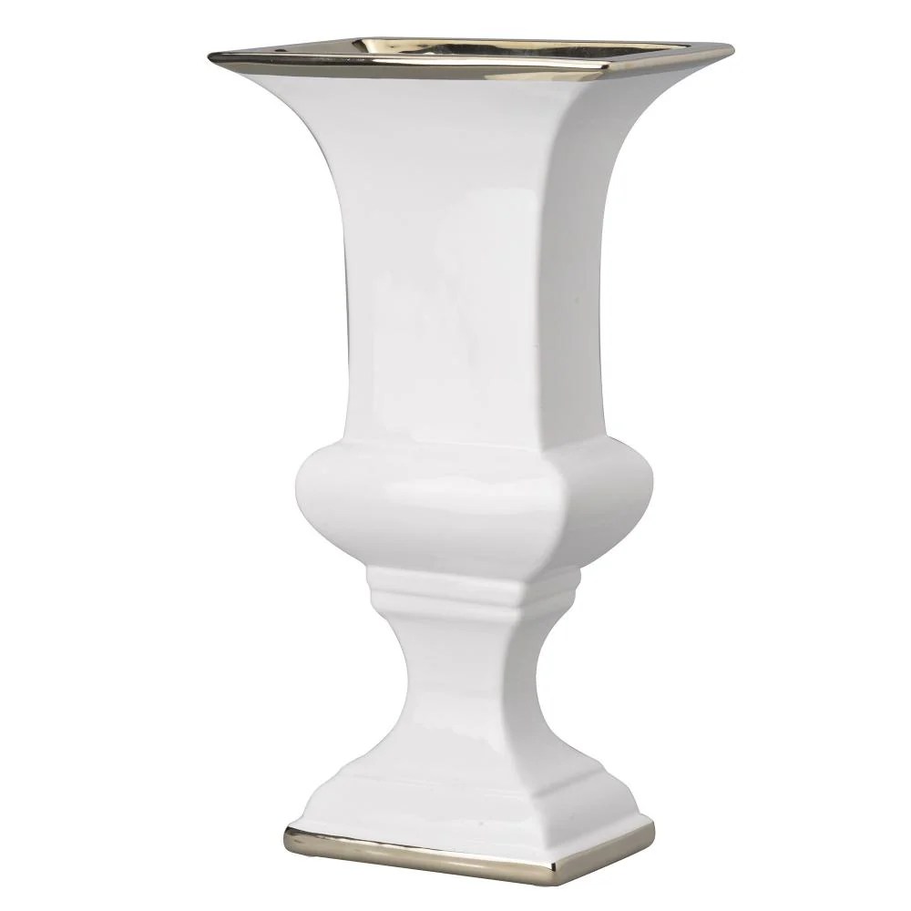Large White & Silver Ceramic Decorative Urn with Pedestal Base - Rectangular Opening, Glossy Finish
