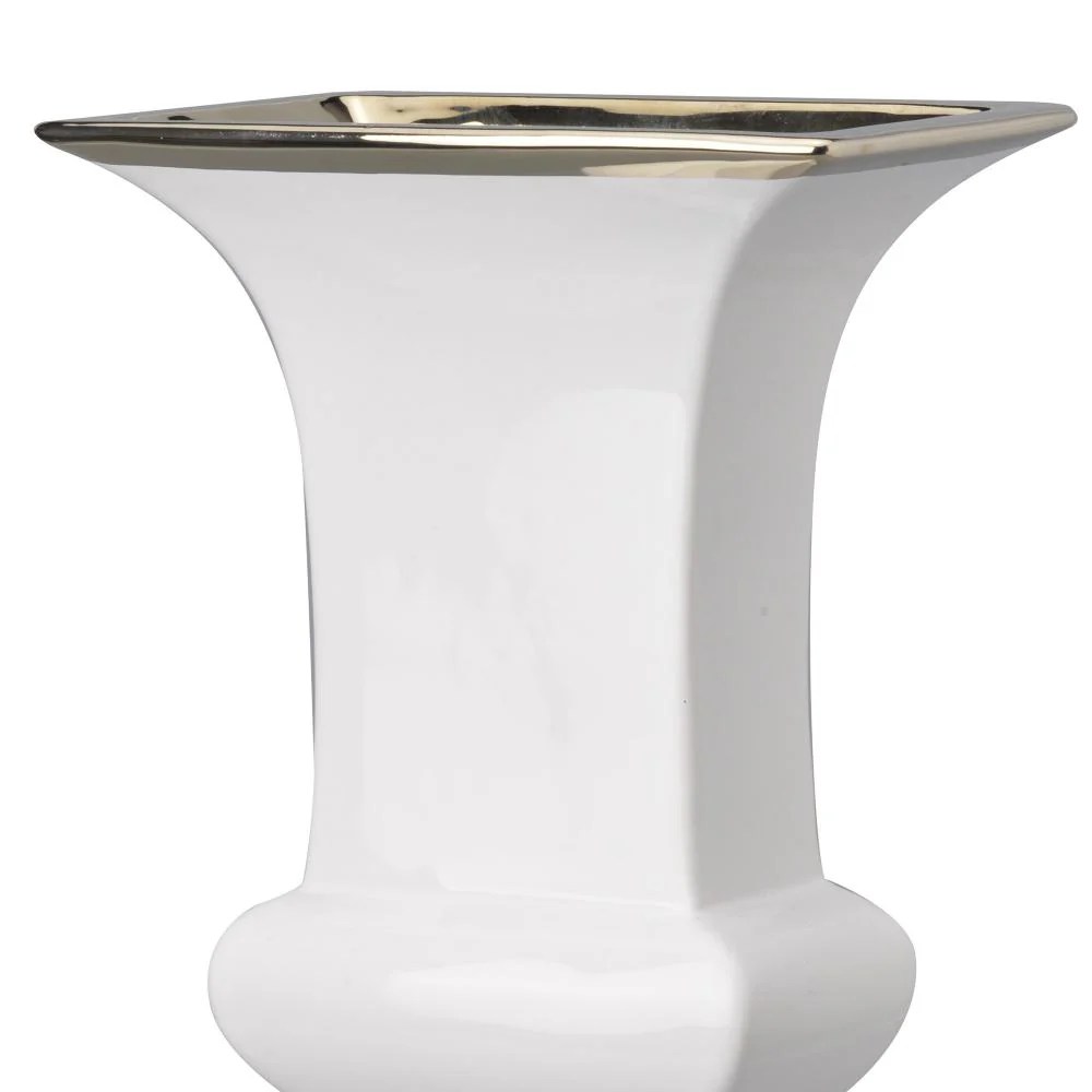 Large White & Silver Ceramic Decorative Urn with Pedestal Base - Rectangular Opening, Glossy Finish