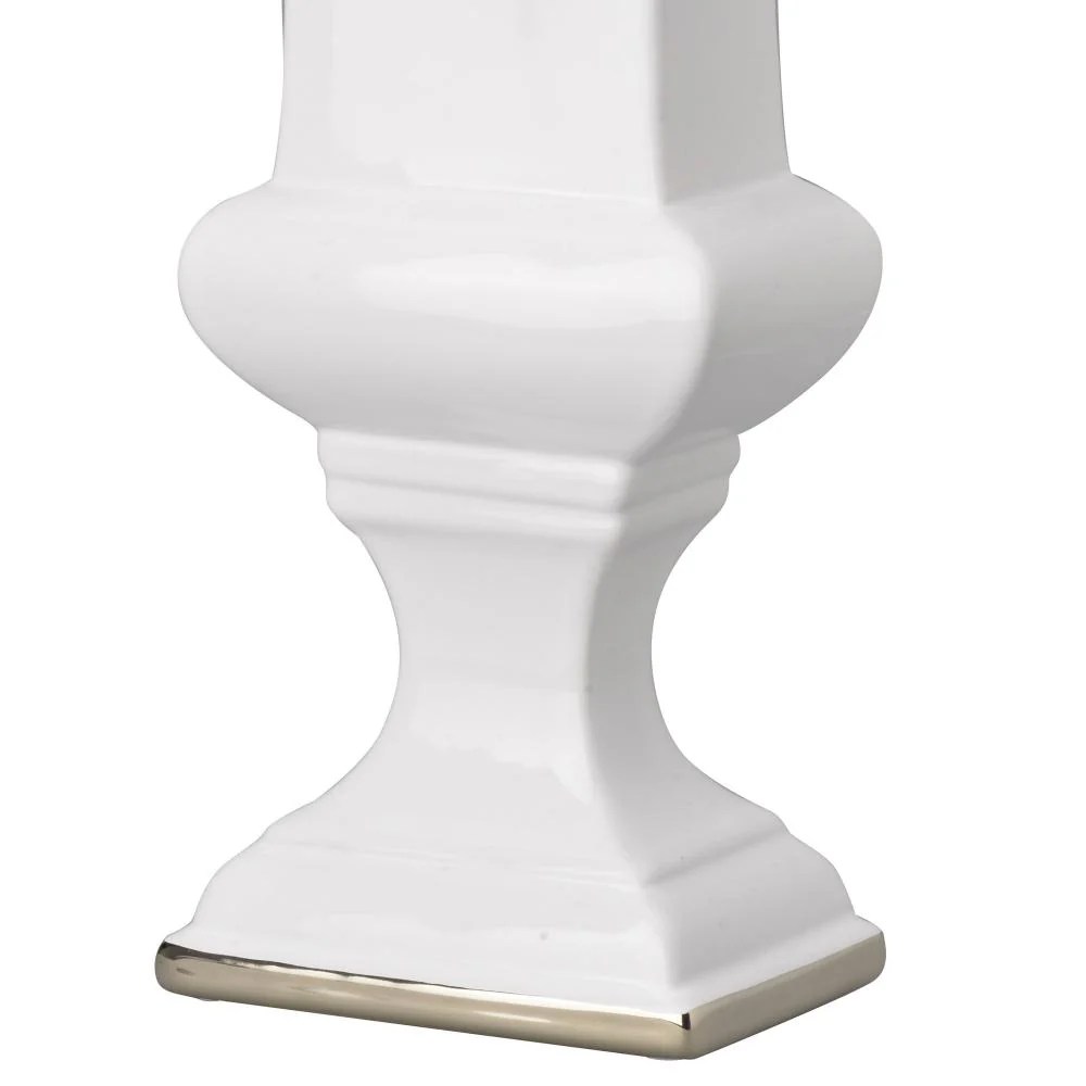 Large White & Silver Ceramic Decorative Urn with Pedestal Base - Rectangular Opening, Glossy Finish