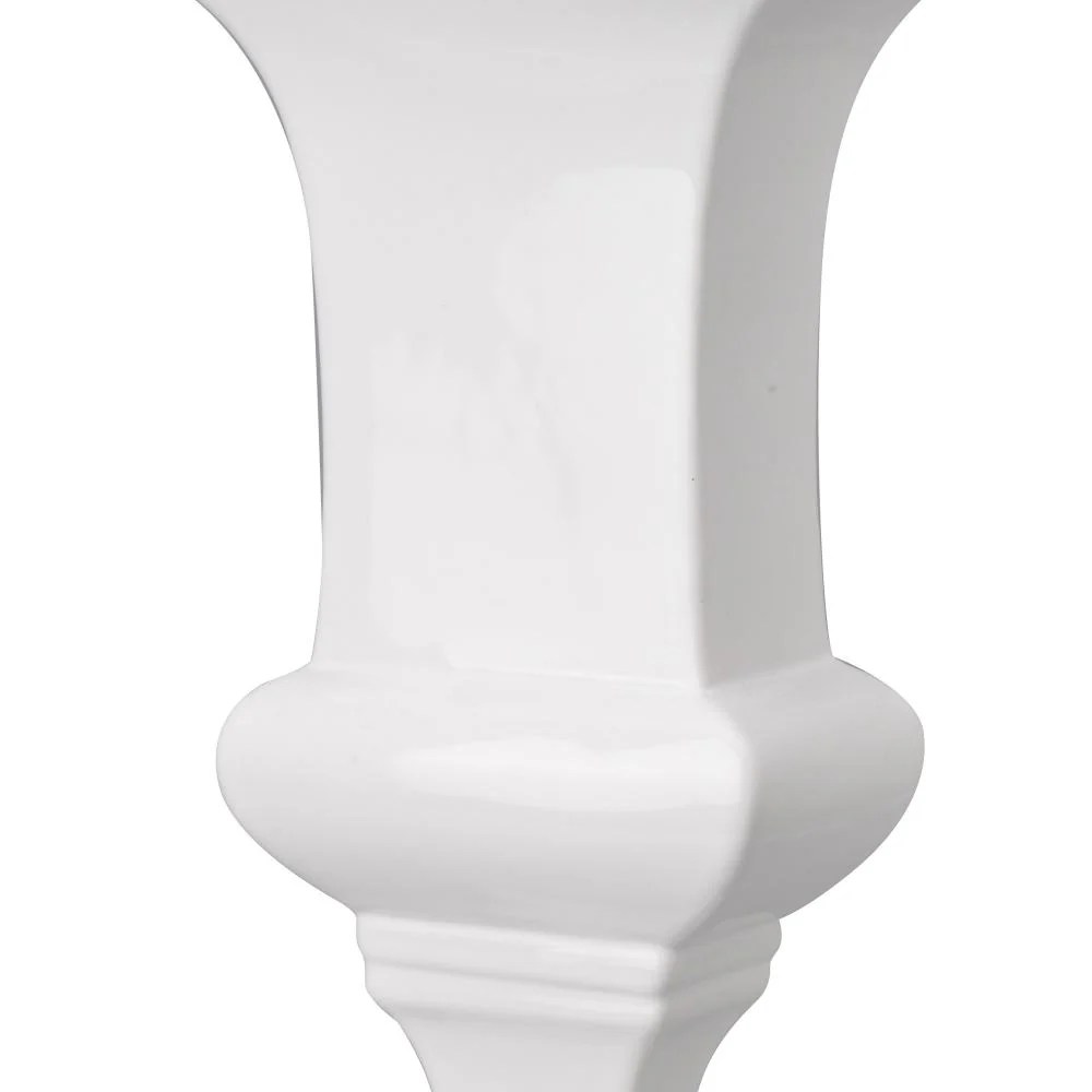Large White & Silver Ceramic Decorative Urn with Pedestal Base - Rectangular Opening, Glossy Finish
