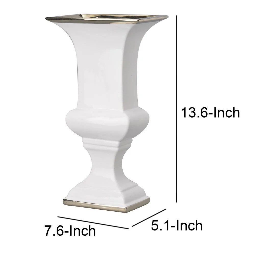Large White & Silver Ceramic Decorative Urn with Pedestal Base - Rectangular Opening, Glossy Finish