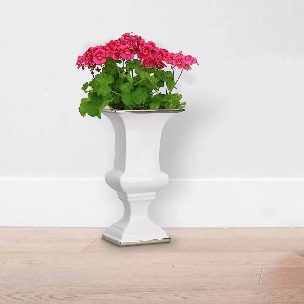 Large White & Silver Ceramic Decorative Urn with Pedestal Base - Rectangular Opening, Glossy Finish