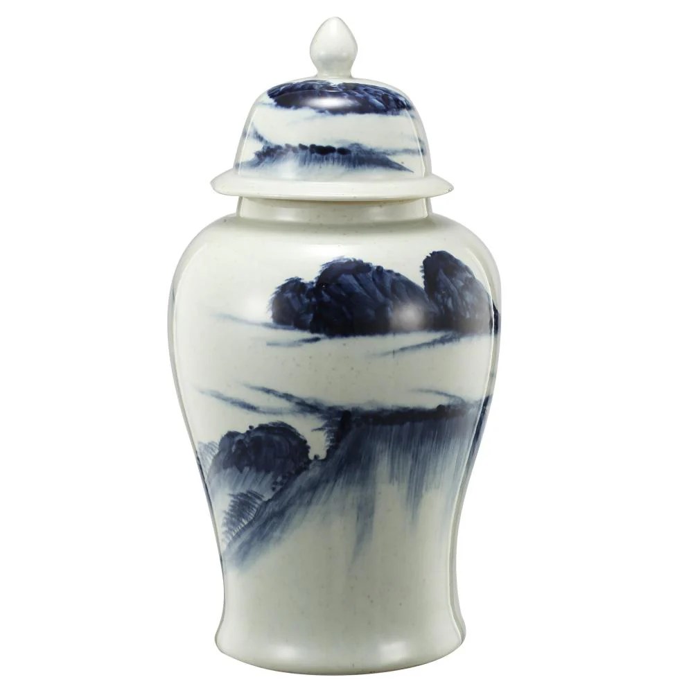 Blue & White Ceramic Ginger Jar - 18"H Elegant Decorative Windswept Design Kitchen & Dining Décor