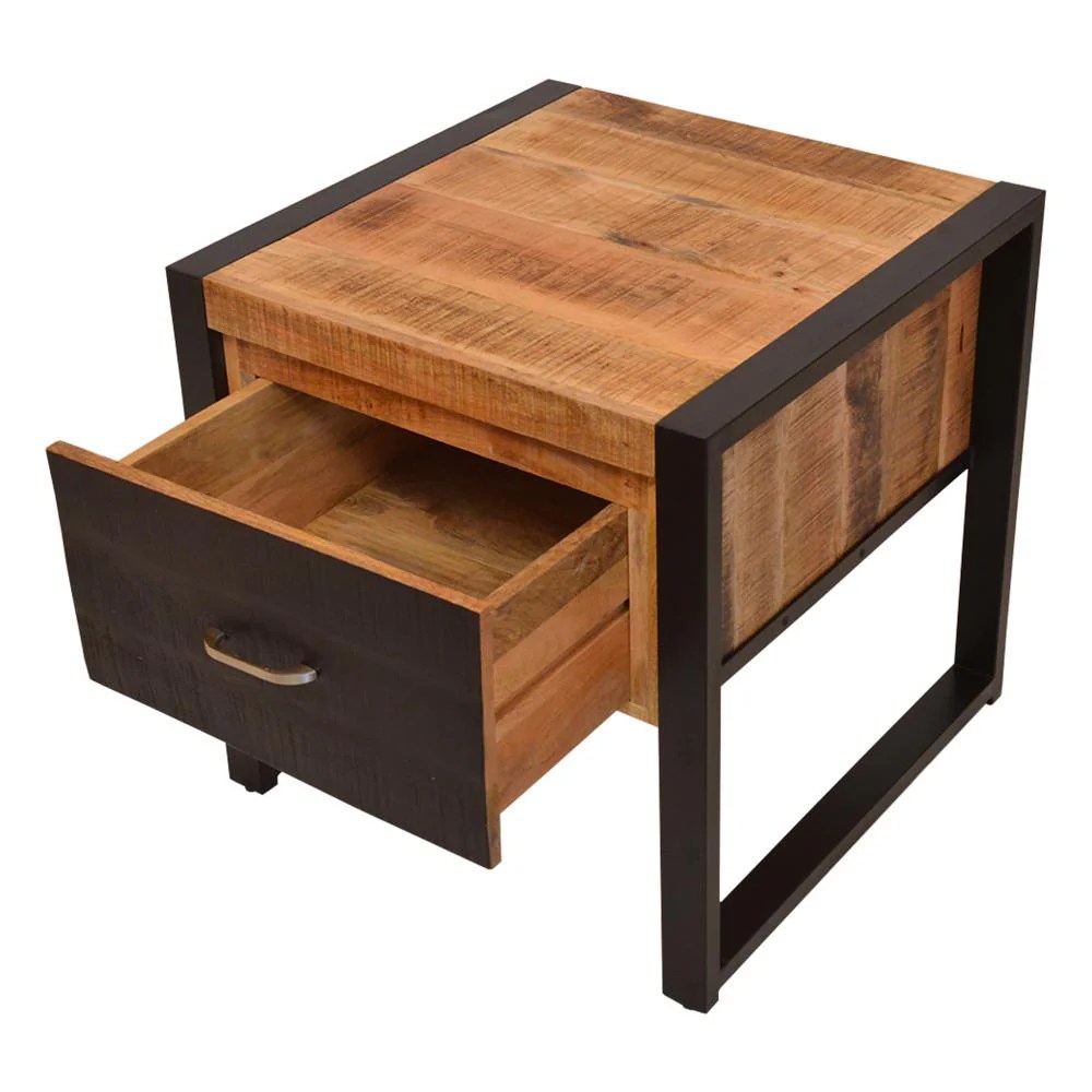 24" Mango Wood Side Table with Metal Frame & Drawer - Brown & Black - Industrial Modern Nightstand
