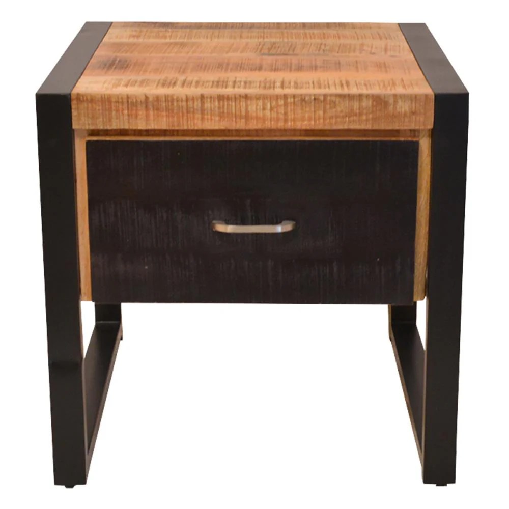 24" Mango Wood Side Table with Metal Frame & Drawer - Brown & Black - Industrial Modern Nightstand