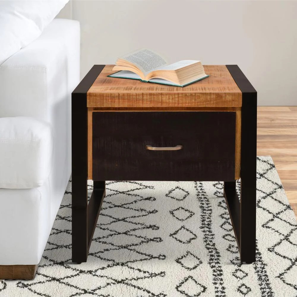 24" Mango Wood Side Table with Metal Frame & Drawer - Brown & Black - Industrial Modern Nightstand