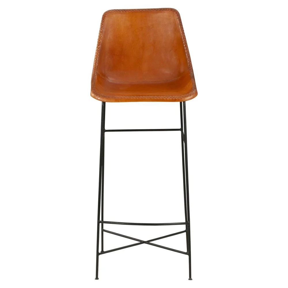 Tan Brown Genuine Leather Bar Stool, Industrial Iron Bar Chair with Footrest, 20" x 18" x 44"