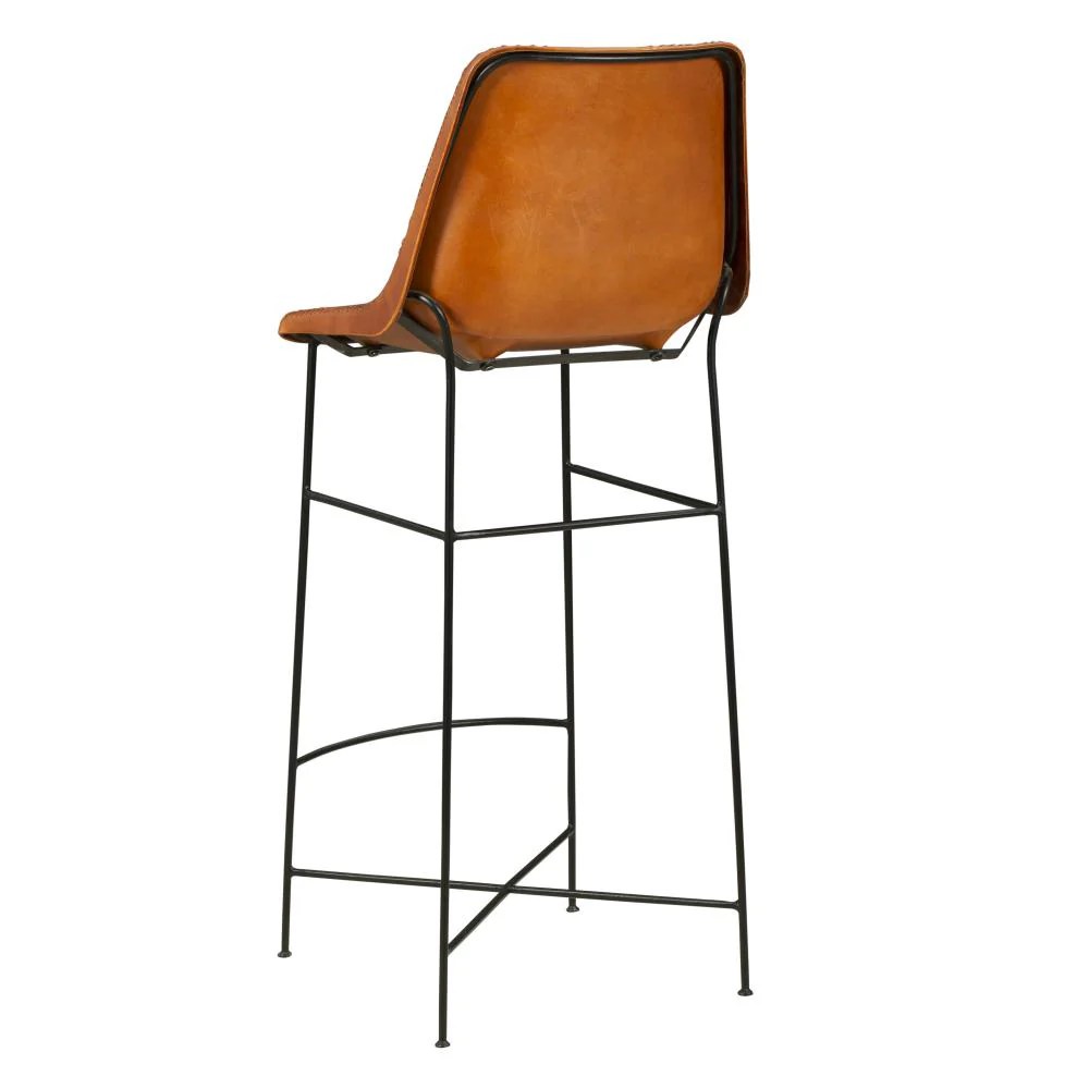 Tan Brown Genuine Leather Bar Stool, Industrial Iron Bar Chair with Footrest, 20" x 18" x 44"