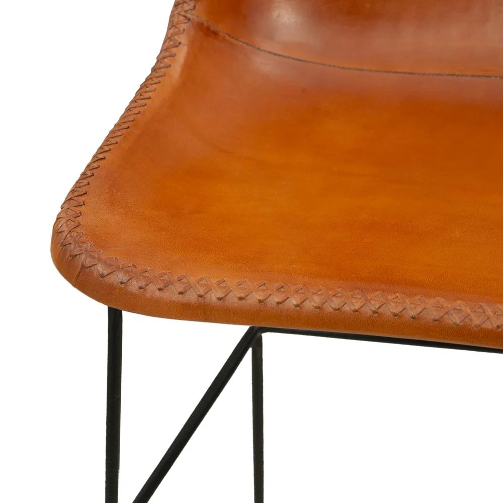 Tan Brown Genuine Leather Bar Stool, Industrial Iron Bar Chair with Footrest, 20" x 18" x 44"