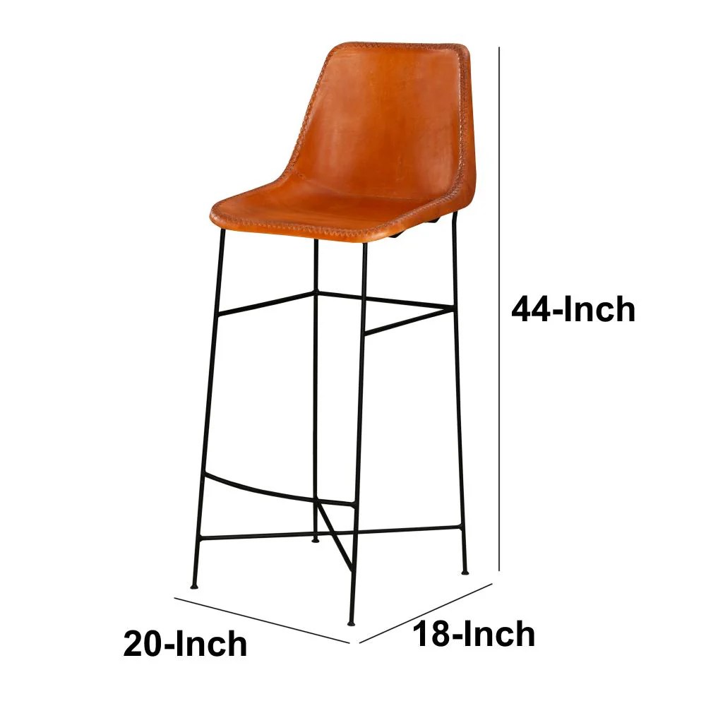 Tan Brown Genuine Leather Bar Stool, Industrial Iron Bar Chair with Footrest, 20" x 18" x 44"