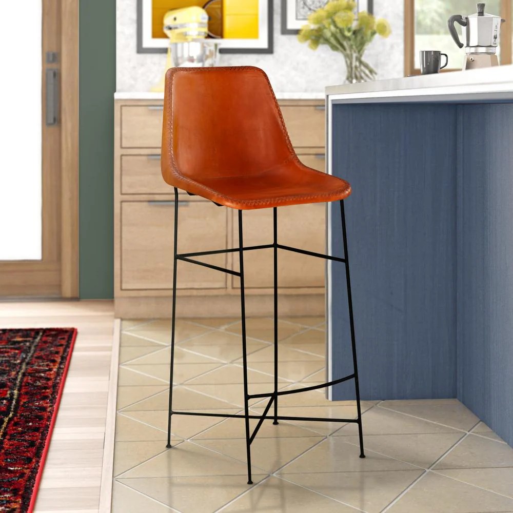 Tan Brown Genuine Leather Bar Stool, Industrial Iron Bar Chair with Footrest, 20" x 18" x 44"