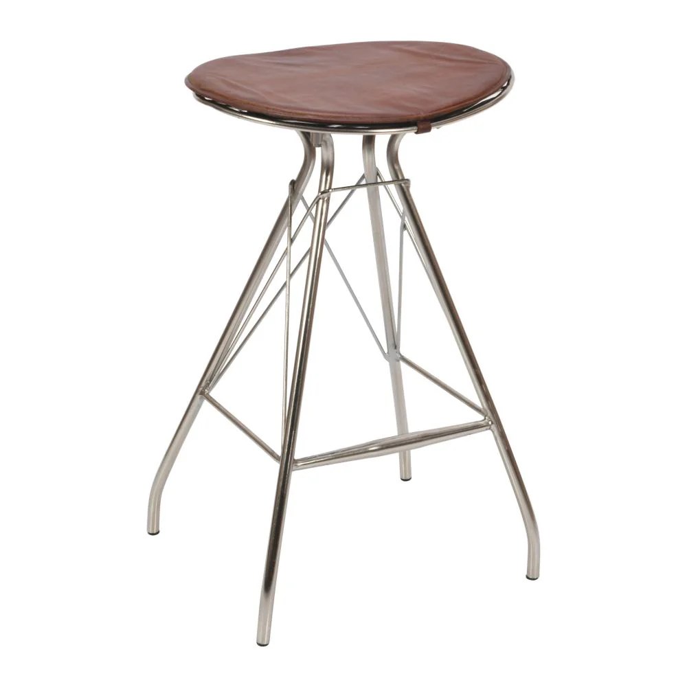 30 Inch Brown Leather Bar Stool, Metal Frame, Silver, Counter Height, Modern, Industrial, Kitchen Dining
