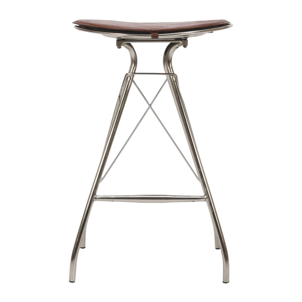 30 Inch Brown Leather Bar Stool, Metal Frame, Silver, Counter Height, Modern, Industrial, Kitchen Dining