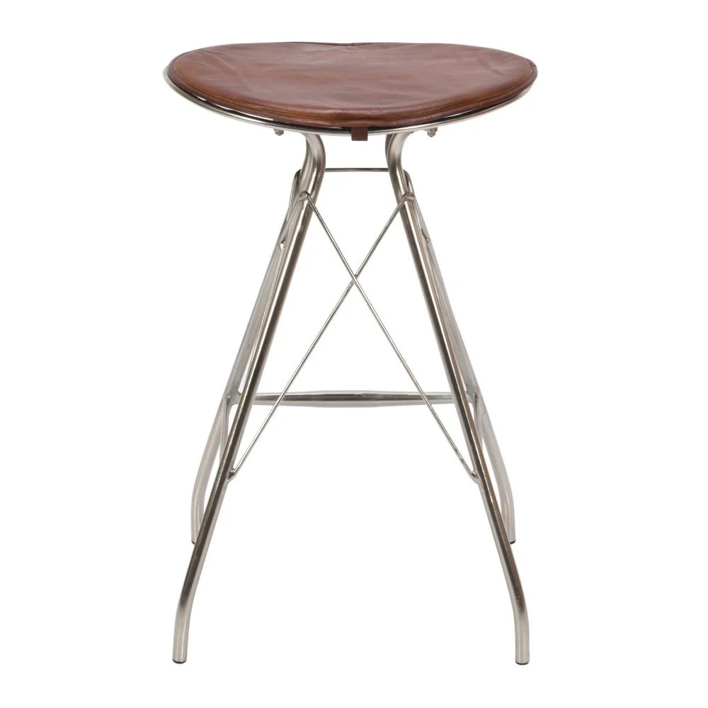 30 Inch Brown Leather Bar Stool, Metal Frame, Silver, Counter Height, Modern, Industrial, Kitchen Dining