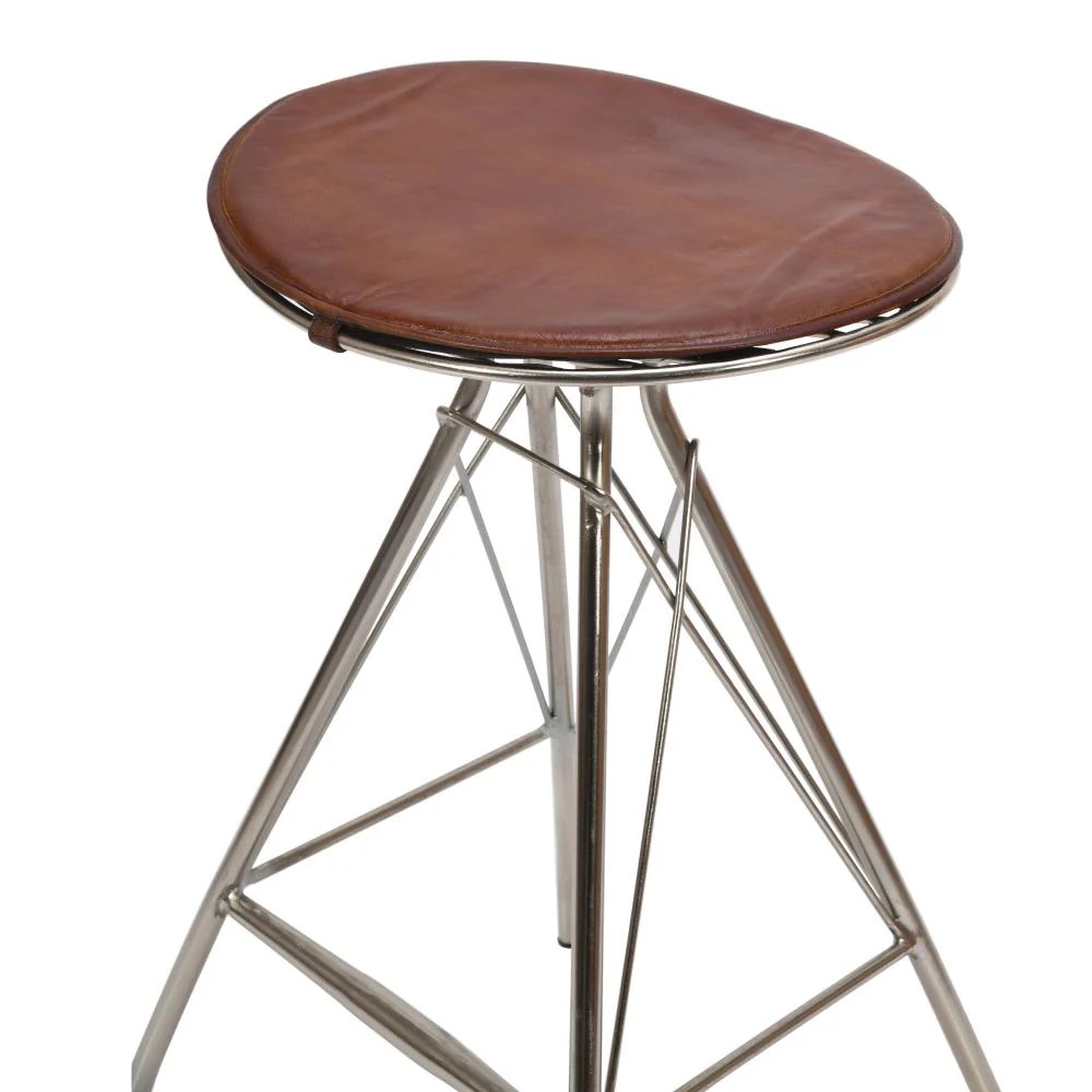 30 Inch Brown Leather Bar Stool, Metal Frame, Silver, Counter Height, Modern, Industrial, Kitchen Dining