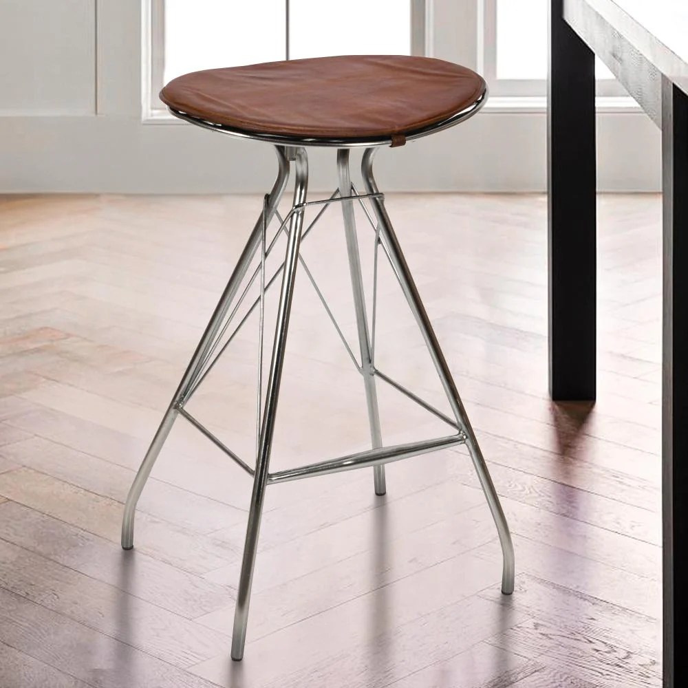 30 Inch Brown Leather Bar Stool, Metal Frame, Silver, Counter Height, Modern, Industrial, Kitchen Dining