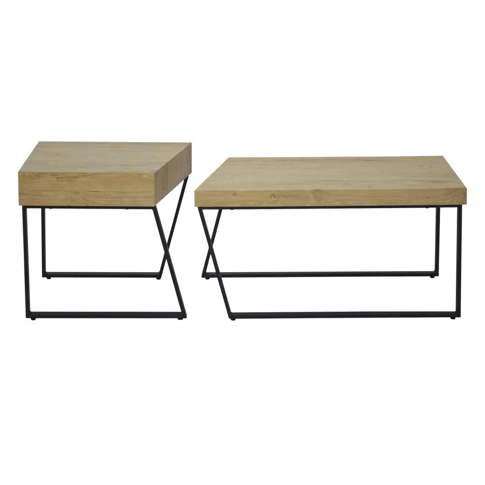 Rectangular Wooden Coffee Table, Oak Brown & Black Metal Frame