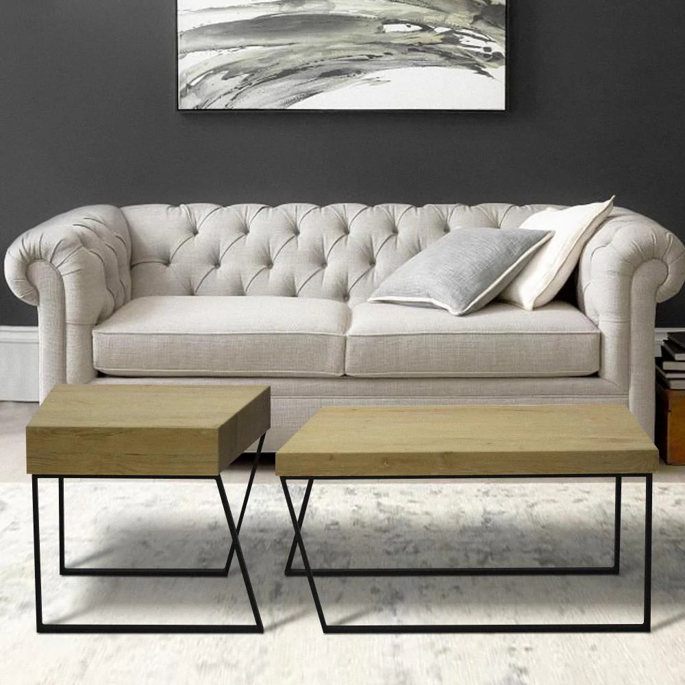 Rectangular Wooden Coffee Table, Oak Brown & Black Metal Frame