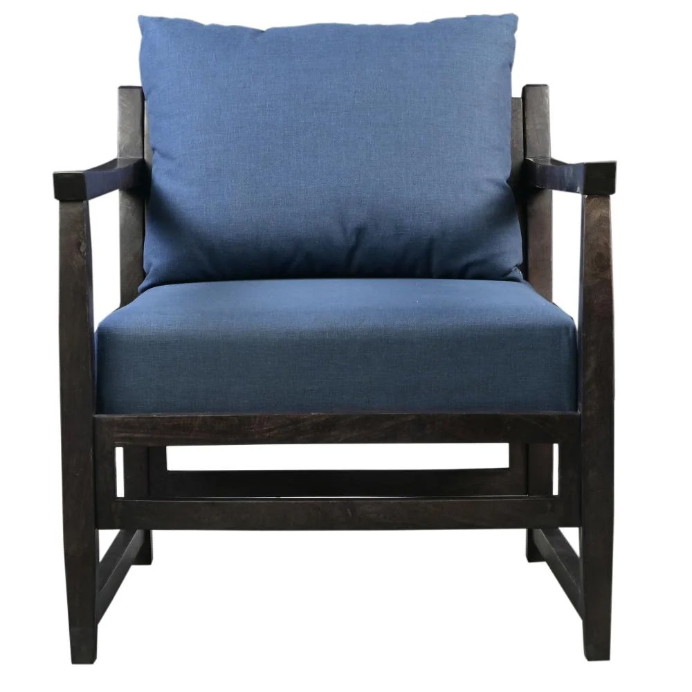 Malibu Mango Wood Accent Chair, Blue & Black, 27 Inch, Handcrafted, Pillow Back, Open Frame, Living Room Chair