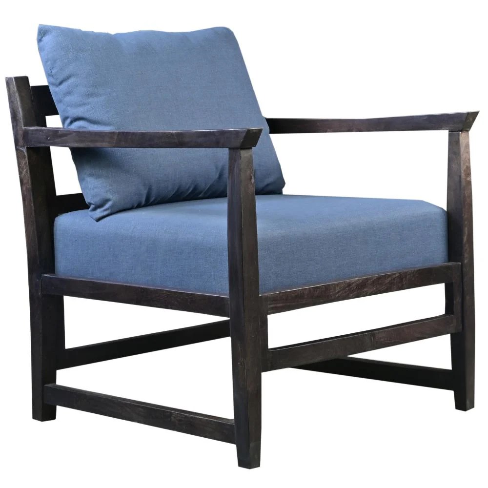 Malibu Mango Wood Accent Chair, Blue & Black, 27 Inch, Handcrafted, Pillow Back, Open Frame, Living Room Chair