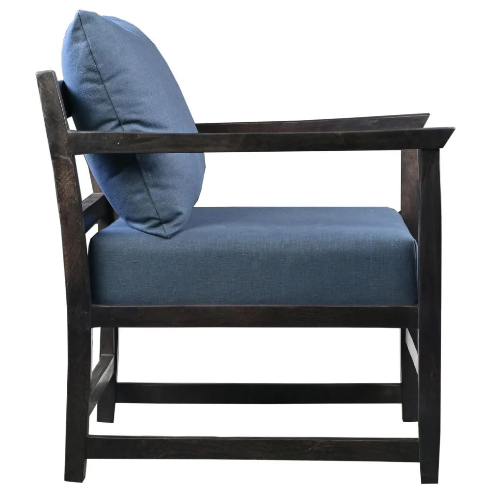 Malibu Mango Wood Accent Chair, Blue & Black, 27 Inch, Handcrafted, Pillow Back, Open Frame, Living Room Chair