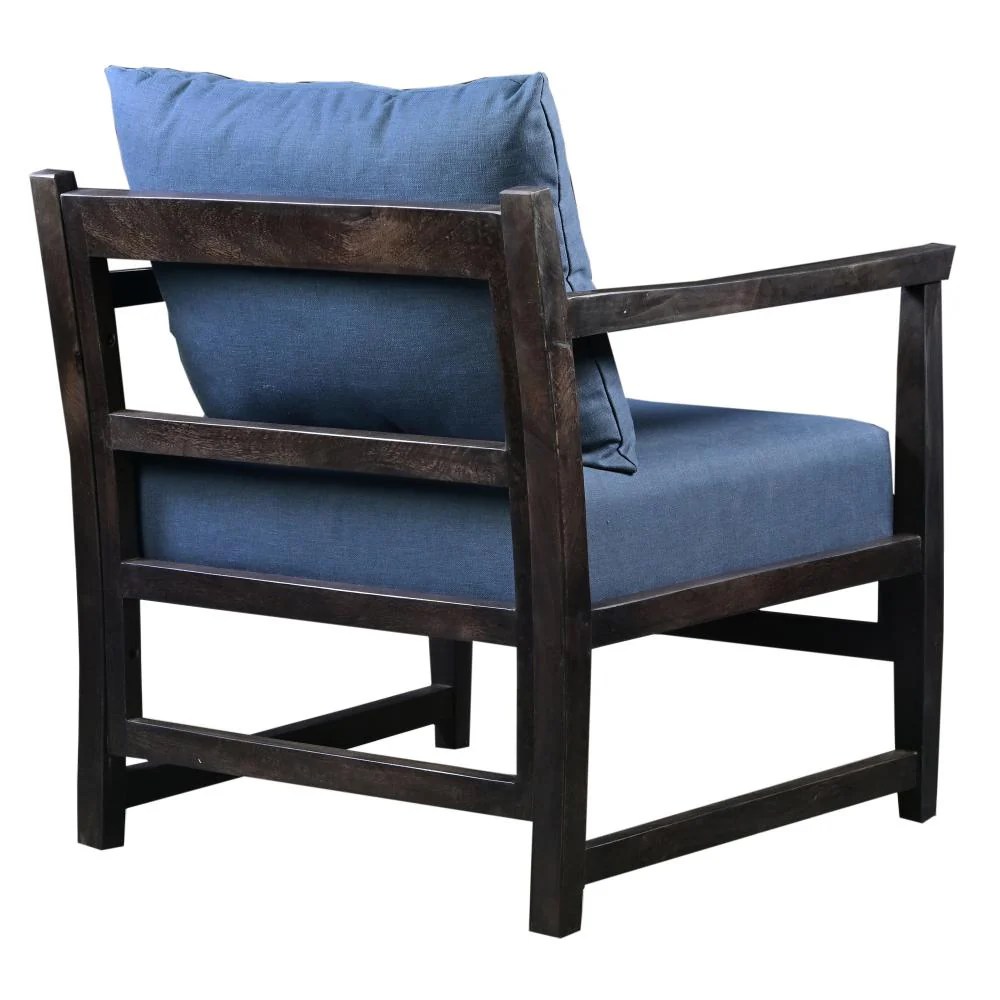 Malibu Mango Wood Accent Chair, Blue & Black, 27 Inch, Handcrafted, Pillow Back, Open Frame, Living Room Chair