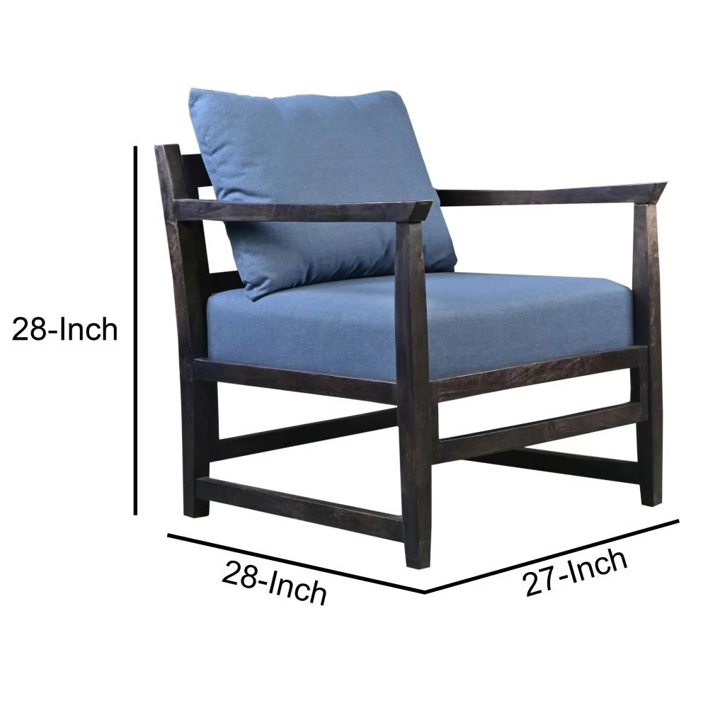 Malibu Mango Wood Accent Chair, Blue & Black, 27 Inch, Handcrafted, Pillow Back, Open Frame, Living Room Chair