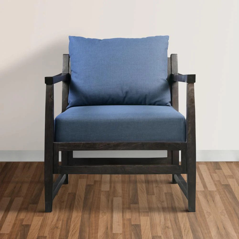 Malibu Mango Wood Accent Chair, Blue & Black, 27 Inch, Handcrafted, Pillow Back, Open Frame, Living Room Chair