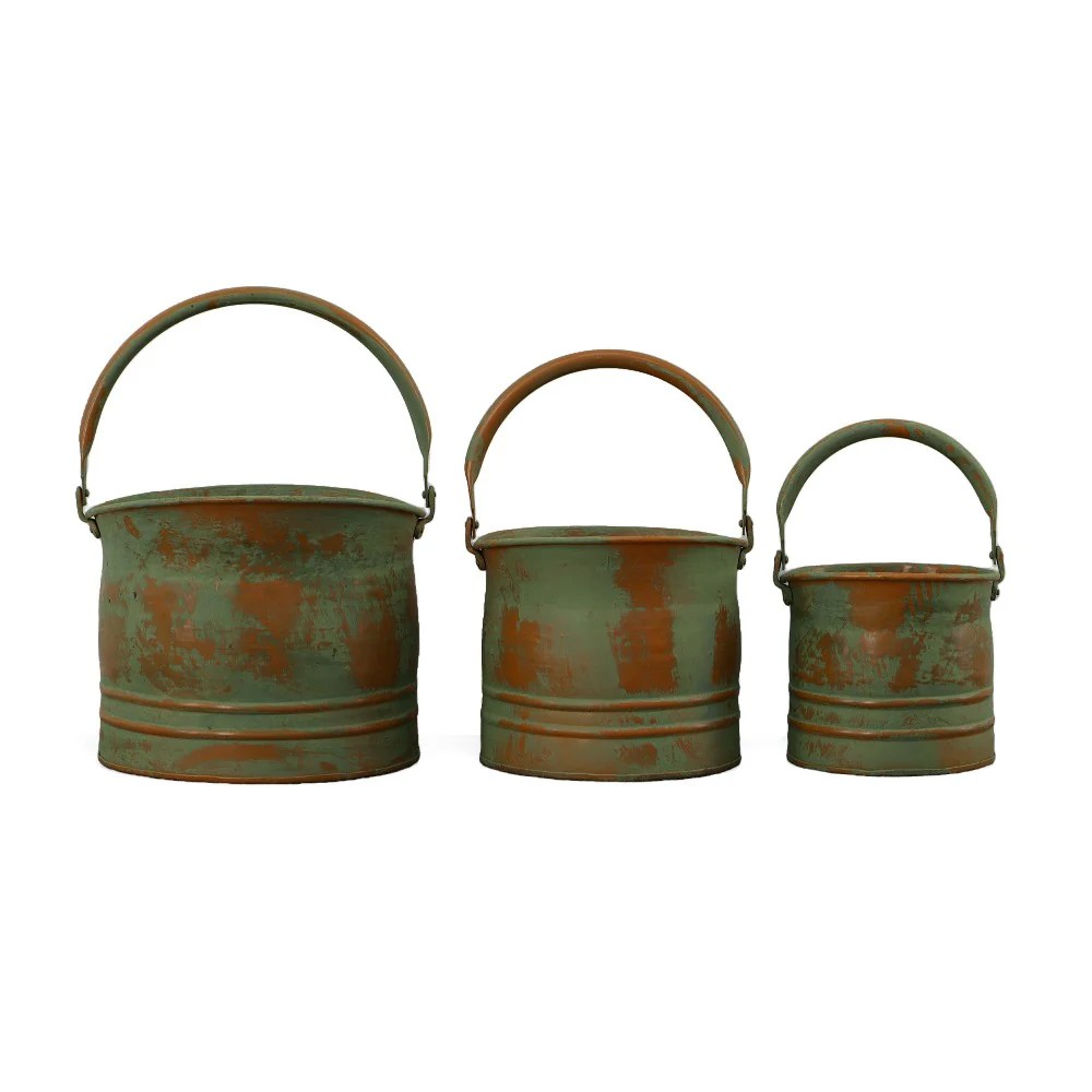 Rustic Metal Planters Set, Green Patina, 3 Sizes