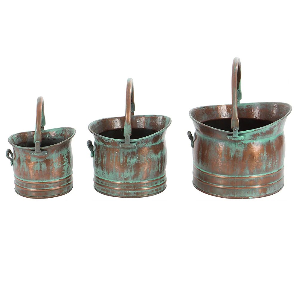 Rustic Metal Planters Set, Green Patina, 3 Sizes