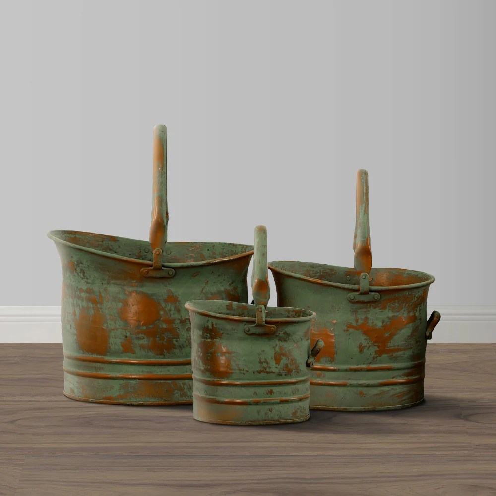 Rustic Metal Planters Set, Green Patina, 3 Sizes