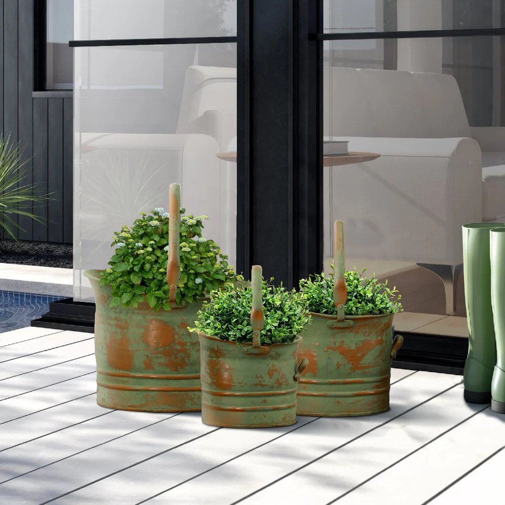 Rustic Metal Planters Set, Green Patina, 3 Sizes