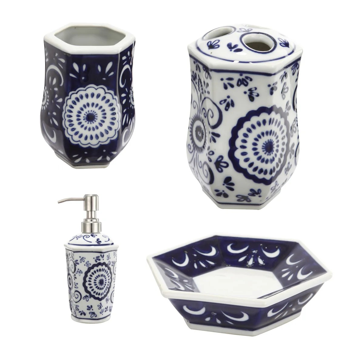 Blue White Porcelain Bathroom Accessory Set, Floral Design
