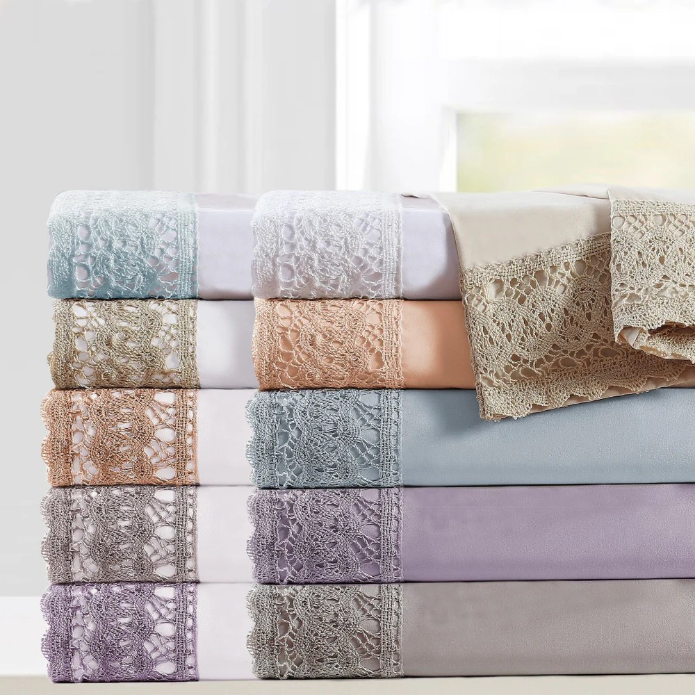 Luxury Microfiber Sheet Set, Gray, Full, Crochet Lace