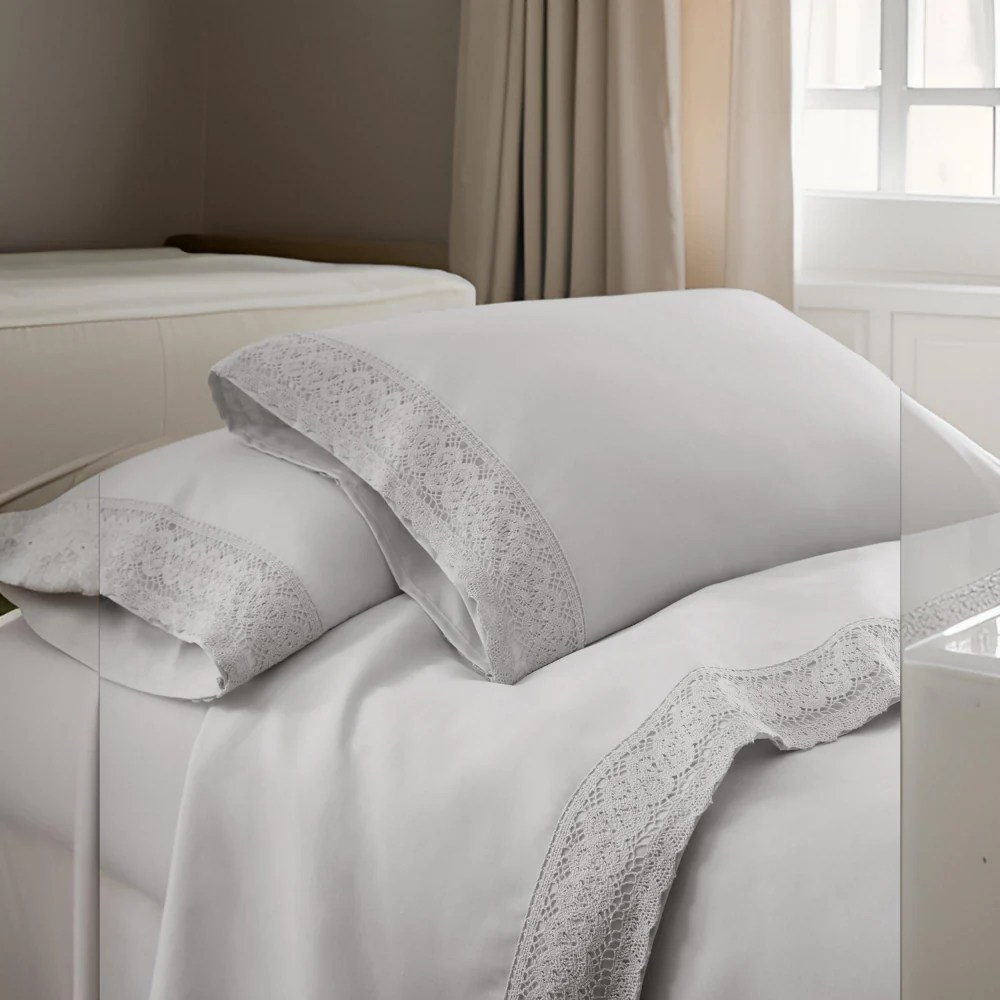 Luxury Microfiber Sheet Set, Gray, Full, Crochet Lace