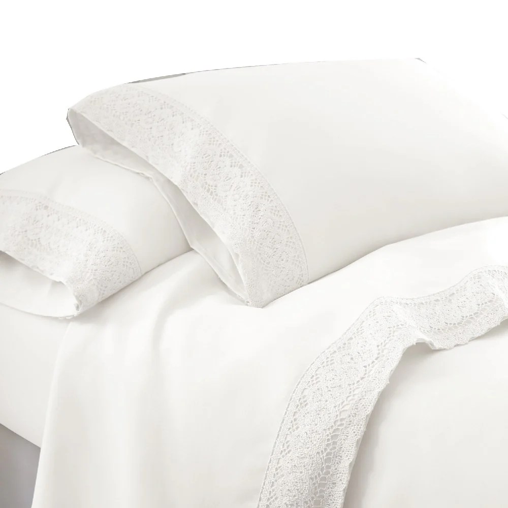 Queen Microfiber Sheet Set, White, Crochet Lace, 4-Piece