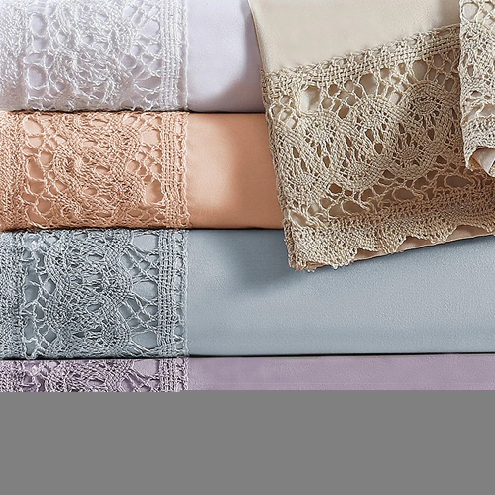 Queen Microfiber Sheet Set, White, Crochet Lace, 4-Piece