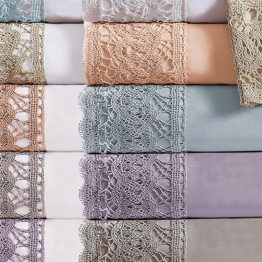 Queen Microfiber Sheet Set, White, Crochet Lace, 4-Piece