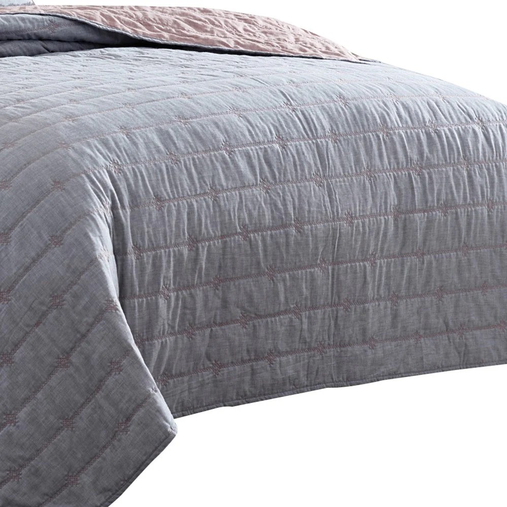 Queen Quilt Set, Gray Pink, Channel Stitched, Cotton, Polyester