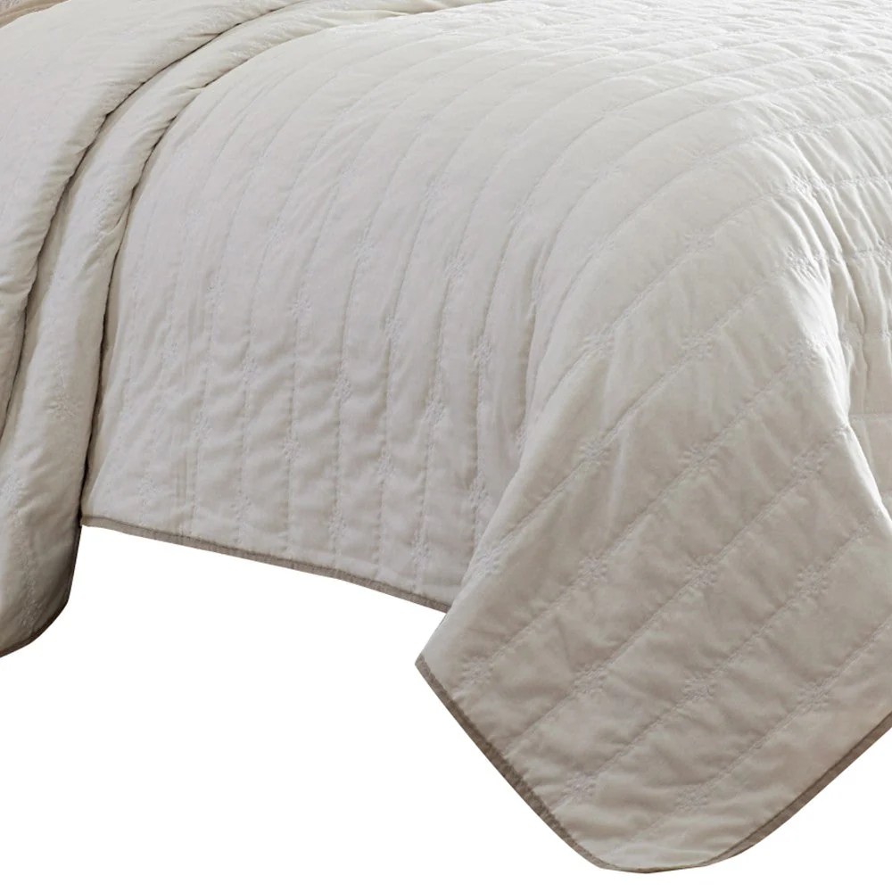 Cream Beige Queen Quilt Set, Channel Stitch, Soft Cotton Blend