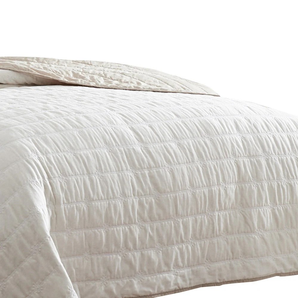 Cream Beige Queen Quilt Set, Channel Stitch, Soft Cotton Blend