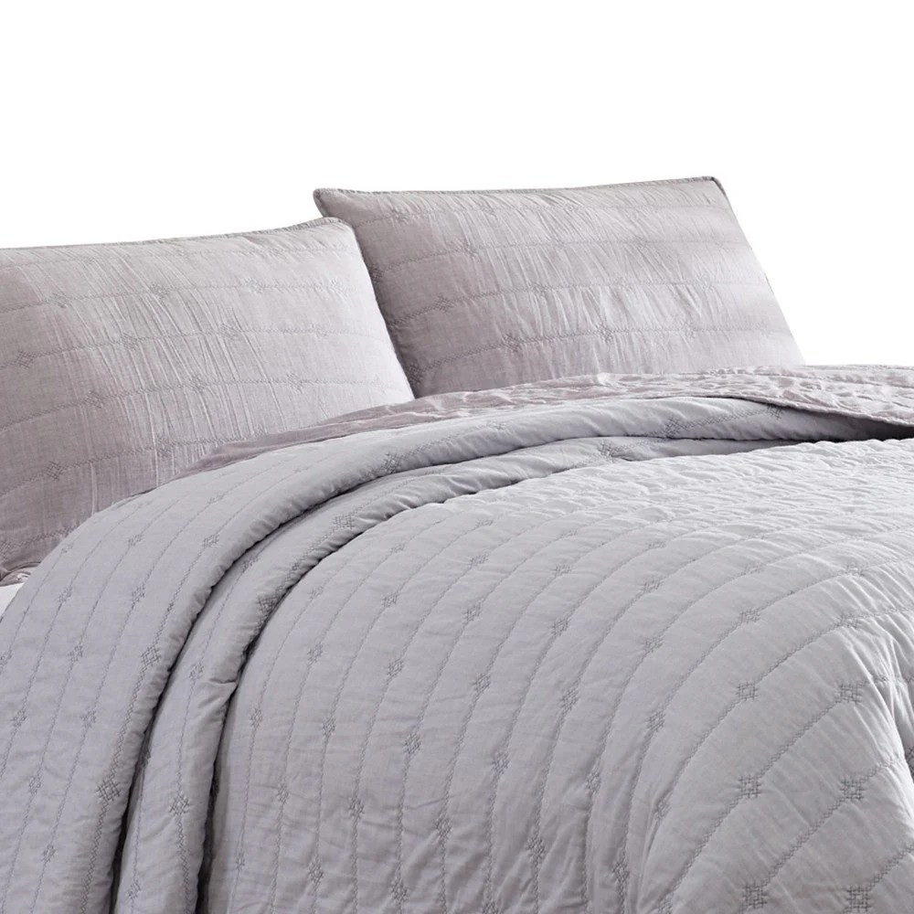 Queen Quilt Set, Light Gray, Channel Stitch, Soft Cotton Blend